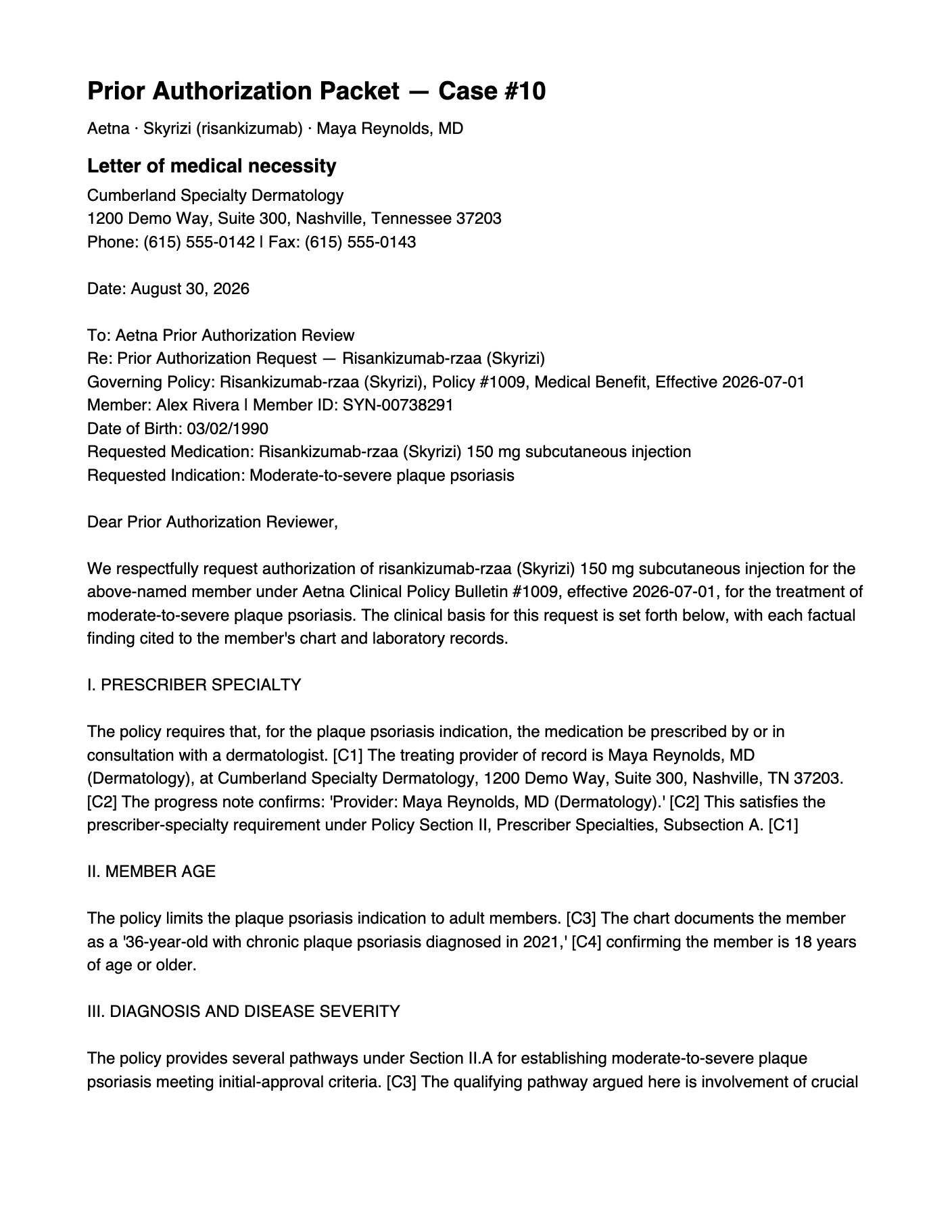 Page 1 of the prior authorization packet for synthetic case #10: the letter of medical necessity with letterhead, governing policy #1009 and the request block