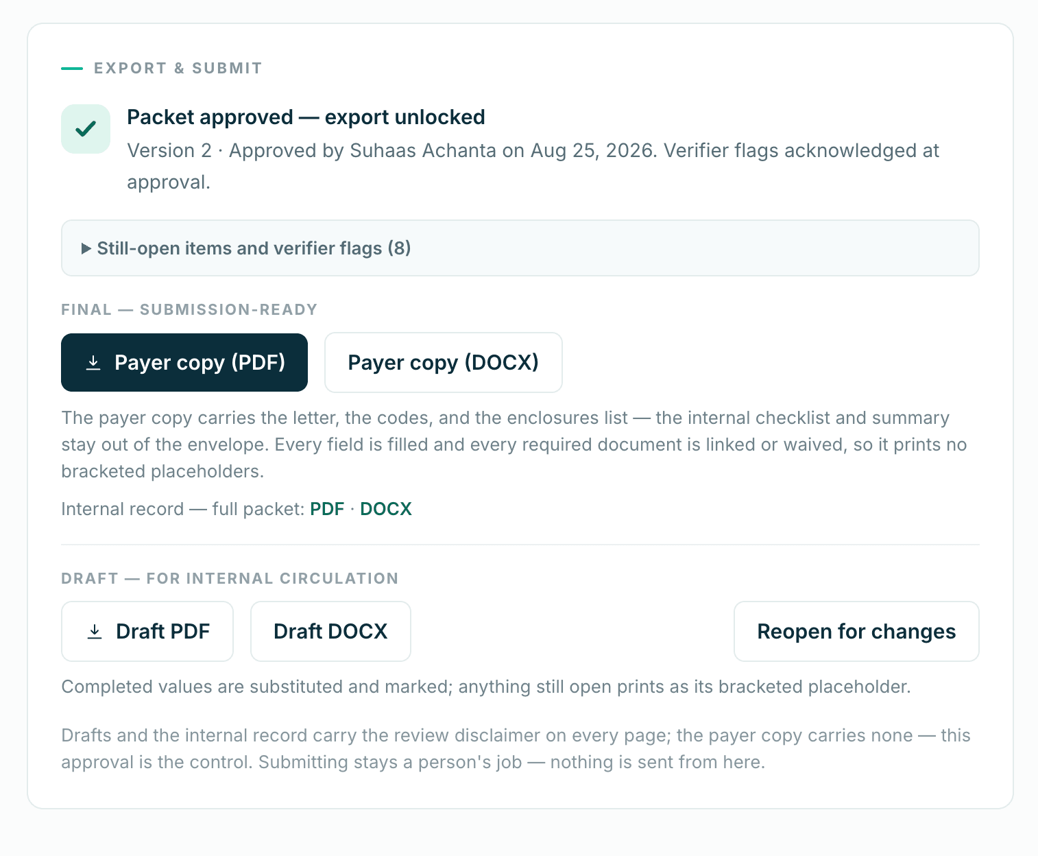 Export and submit panel: packet approved and export unlocked, payer copy and internal record exports, and the note that submitting stays a person's job — nothing is sent from here
