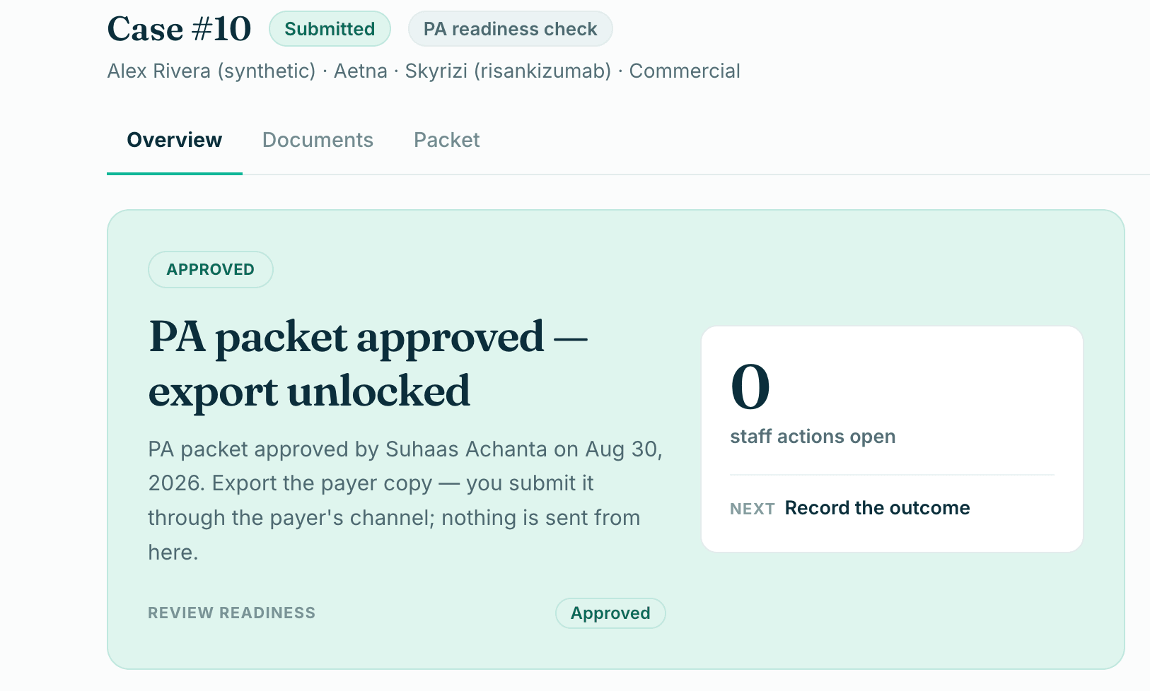 Case overview after approval: PA packet approved, export unlocked, 0 staff actions open, next step record the outcome